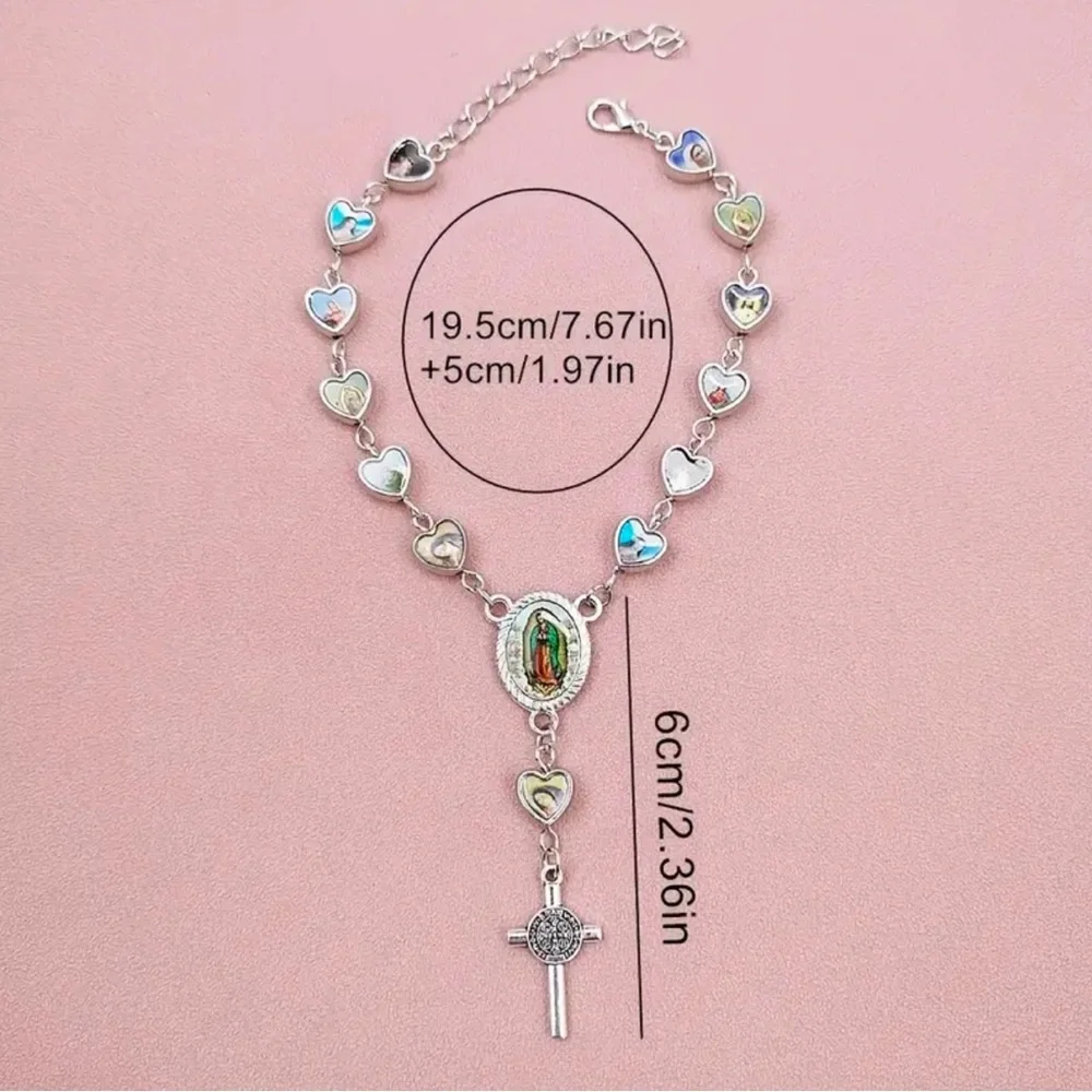 Lovely Heart Shaped Cross Pendant Rosary Bracelet, Virgin Charm Silver Plated‎